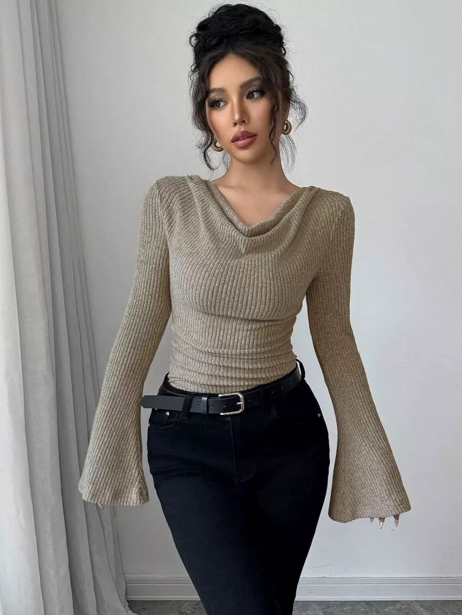 Off Shoulder Blouse - Damesblouse Off-Shoulder Cowl Neck Top Effen